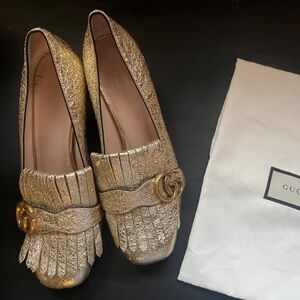 Gucci Gold Galassia Platino Crackle Heels Women's Loafers